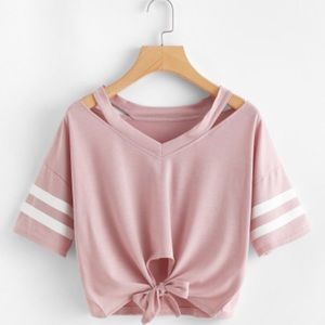 Cut out neck varsity striped knot front tee